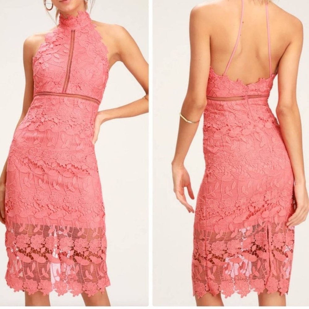 Bardot Noni Halter Lace Midi Coral Dress